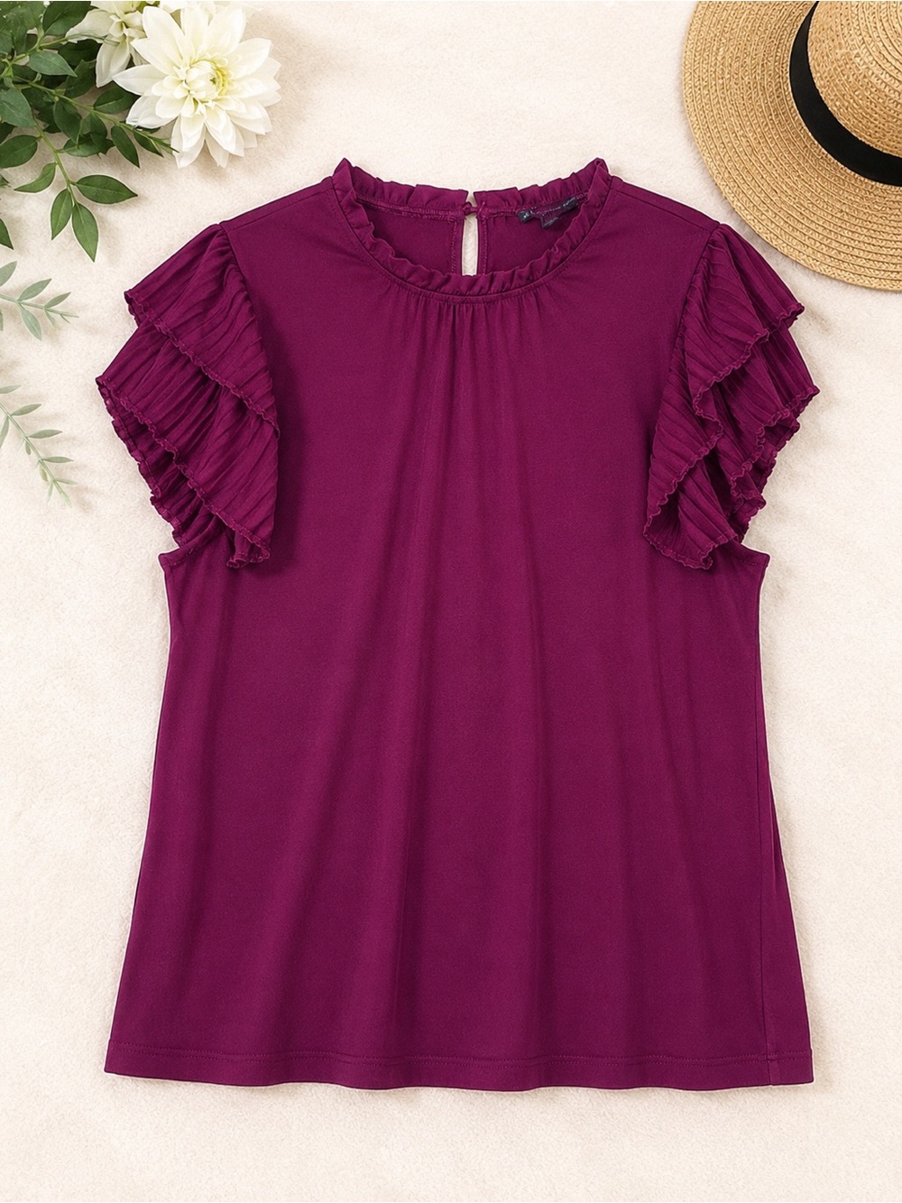 🖤Adrianna Papell Burgundy (Plum) Ruffle Sleeve Blouse Size L Elegant Dressy Top🖤